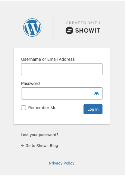 showit and wordpress login screen